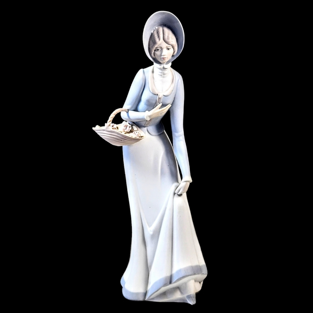 Vintage Porceval Lady With Roses Basket Porcelain Bisque Figurine Spain 12.5 in